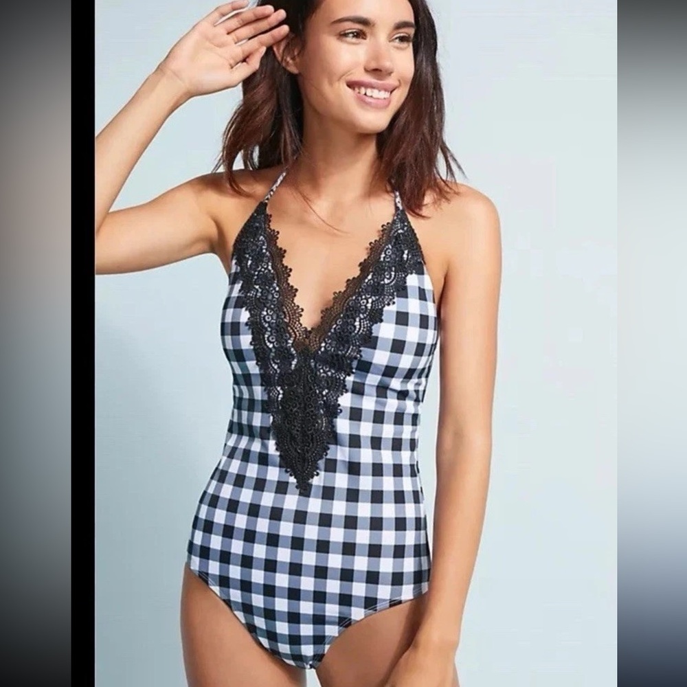 Black & White Gingham Lace-Trim One-Piece Swimsuit